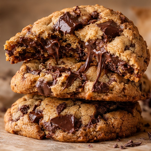 Thick chocolate chunk cookies with a gooey broken center