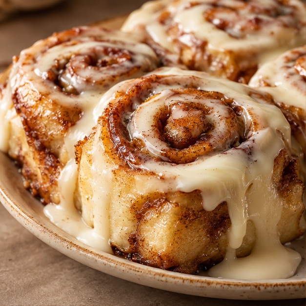 Golden cinnamon rolls covered in melting cream cheese icing